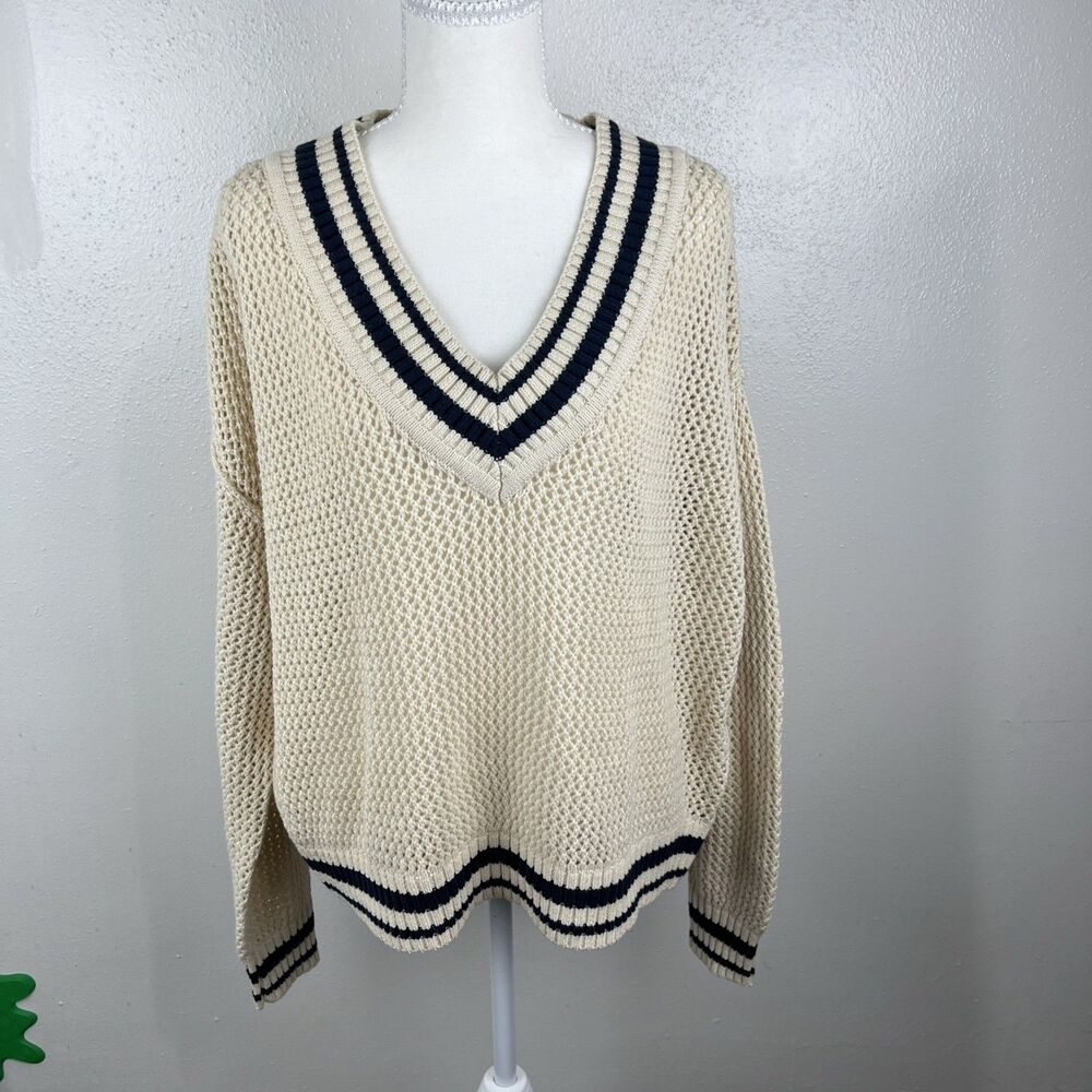 Arizona Sweater Women Large Beach Blue Varsity Pullover V-Neck Open Knit Casual - Picture 13 of 13
